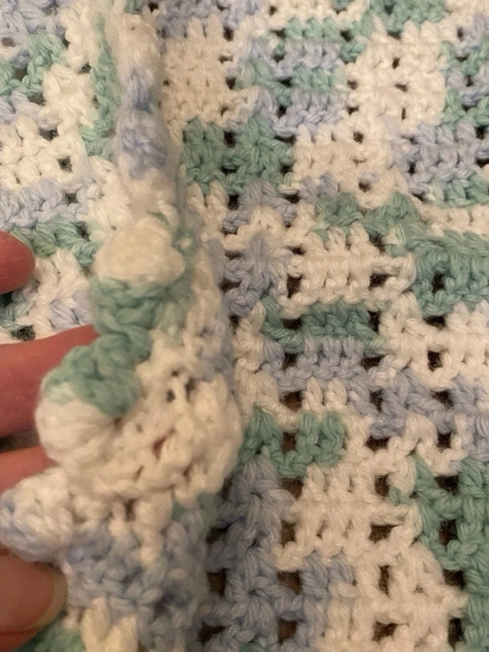 Handmade Crocheted Baby Blanket Afghan Mint Green Blue White
